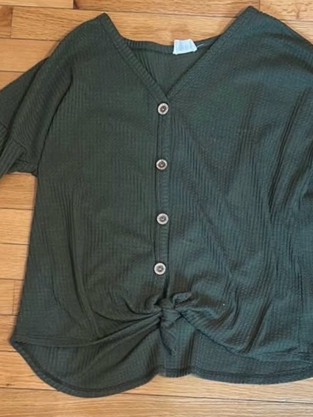 BiBi Olive Green Button-Front V-Neck Knot Hem Top